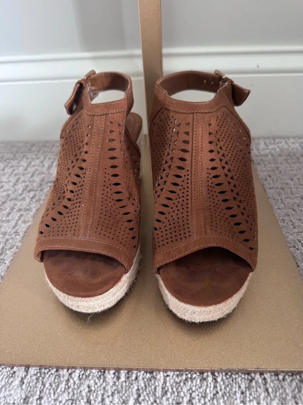 Liz Claiborne Brown Laser-Cut Peep-Toe Espadrille Wedges